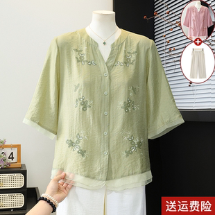 妈妈夏装新款套装国风棉麻T恤小衫中老年女装短袖衬衫母亲节衣服