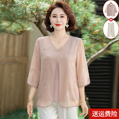 妈妈装夏装七分袖雪纺打底衫百搭