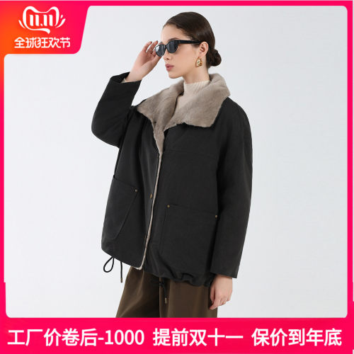 工装风可拆水貂毛领派克羽绒服女