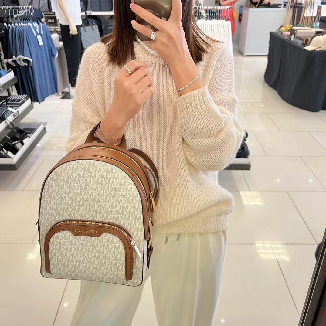 美国MK女包新款中号老花拼色双肩包大容量时尚真皮背包大学生书包