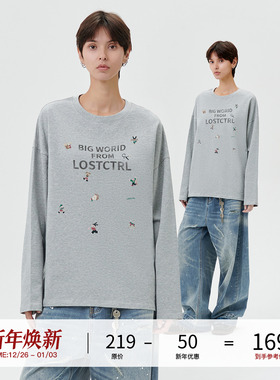 LOSTCTRL 初秋美式复古圆领个性印花纯棉宽松长袖针织T恤男女同款