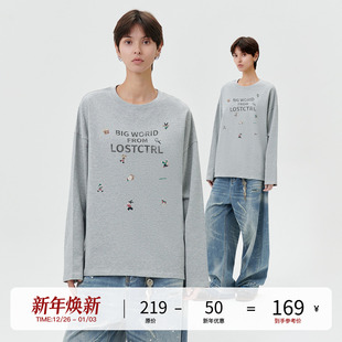 针织T恤男女同款 LOSTCTRL 印花纯棉宽松长袖 复古圆领个性 初秋美式