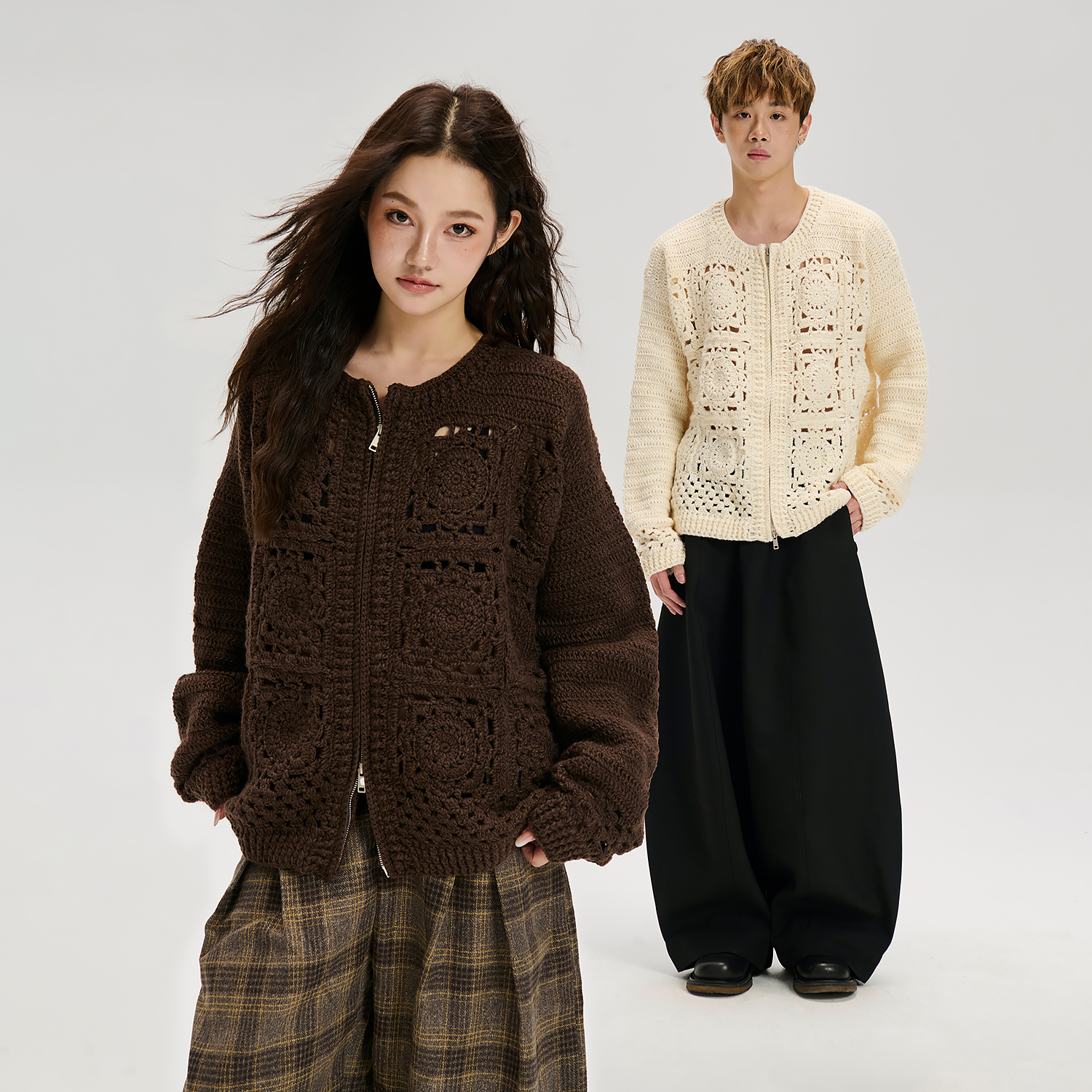 LOSTCTRL 秋季原创双色镂空设计高级感松弛感宽松开衫针织毛衣