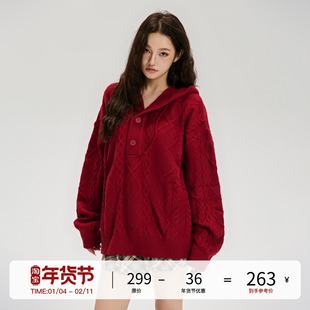 LOSTCTRL 慵懒纽扣连帽毛衣 潮流秋冬季宽松情侣帽衫复古针织衫