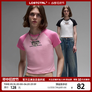 LOSTCTRL「填补空缺」镂空网纱刺绣短款T恤女短袖露脐紧身短上衣