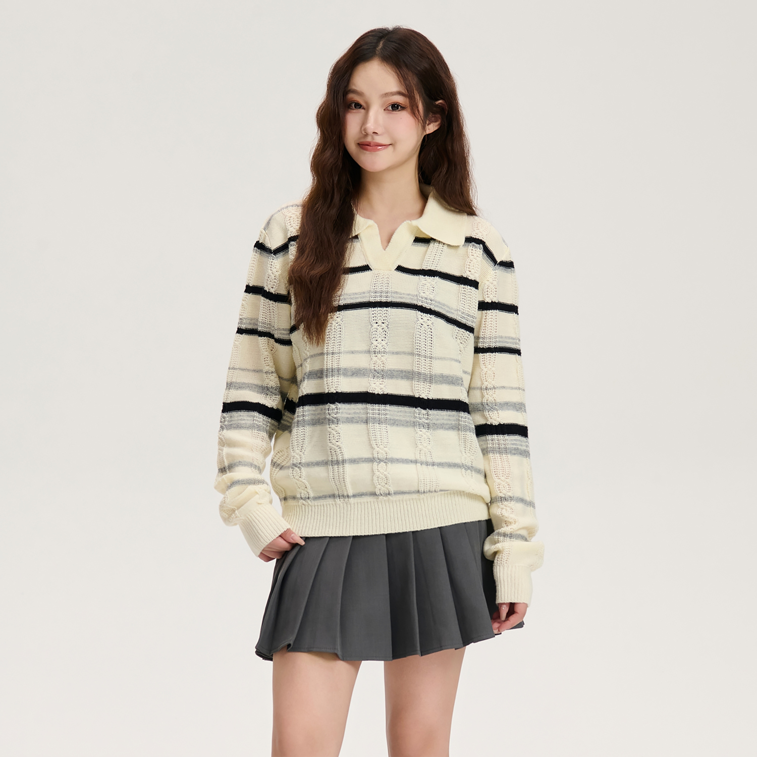 LOSTCTRL 复古条纹翻领花纱肌理亨利领毛衣冬季国潮牌针织衫毛衣