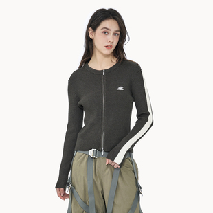 LOSTCTRL撞色拼接双拉链针织衫女秋冬新款保暖毛衣外穿帽衫