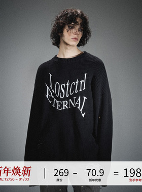 LOSTCTRL字母绣花毛衣男女秋冬新款圆领针织衫宽松慵懒风帽衫国潮