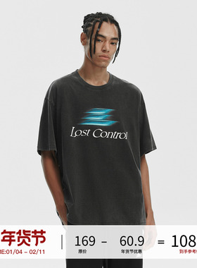 LOSTCTRL潮牌洗水做旧复古logo印花短袖T恤男夏重磅宽松国潮半袖