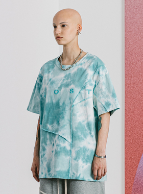 LOSTCTRL 夏季字母扎染短袖T恤圆领纯棉半袖宽松休闲潮流五分袖