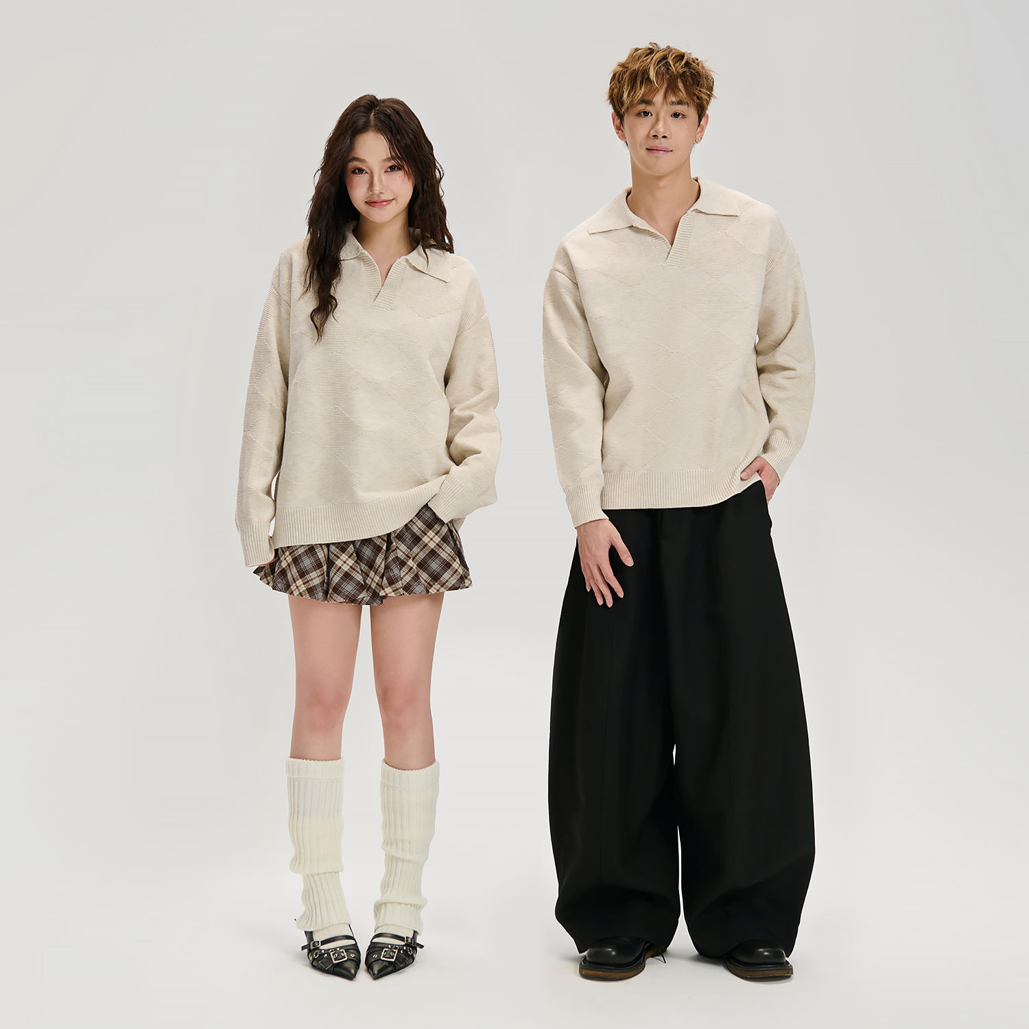 LOSTCTRL 秋季复古基础燕麦色POLO领宽松日常休闲针织毛衣上衣