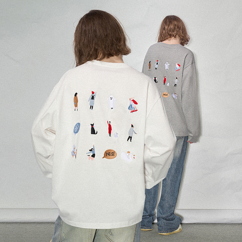 出去玩啊」刺绣束口长袖T恤