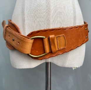 复古真皮宽腰带女棕色针扣小众设计感百搭装 饰皮带