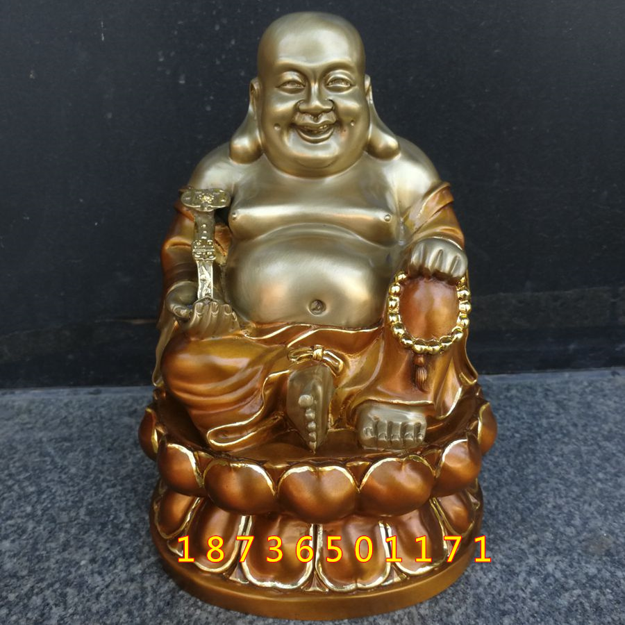 纯铜弥勒佛摆件如意弥勒座莲笑佛彩绘描金佛像家居供奉装饰工艺品