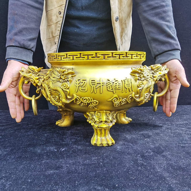 纯铜香炉家用铜九龙香炉寺庙祠堂寺院鼎炉双龙戏珠鼎炉供奉佛堂
