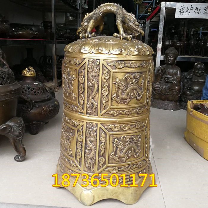 风水铜器大号纯铜钟铜铃铛铜钟九龙钟学校寺庙庭院黄铜挂件