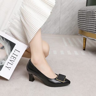 真皮中跟粗跟尖头浅口OL职业工作单鞋 232 2026春夏新款 冰洁女鞋