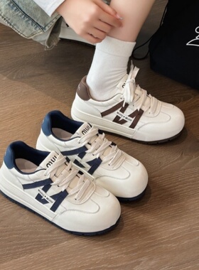 冰洁女鞋2025秋季新款真皮平底圆头休闲运动鞋系带小白鞋15-25762