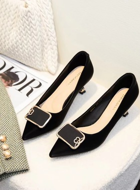 冰洁女鞋2024秋季新款真皮单鞋中跟细跟浅口尖头工作鞋23096-079