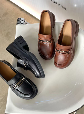 冰洁女鞋2025春季新款真皮中跟粗跟乐福鞋休闲深口单鞋158-87758