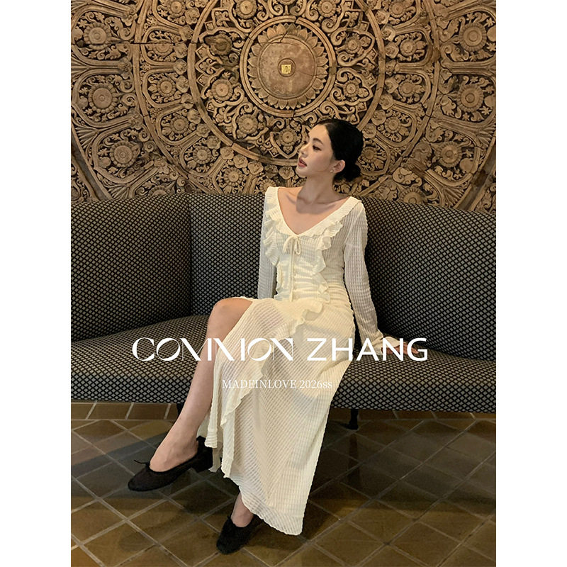 CZ ZHANG春法式木耳边V领长袖连衣裙女垂感气质休闲长裙