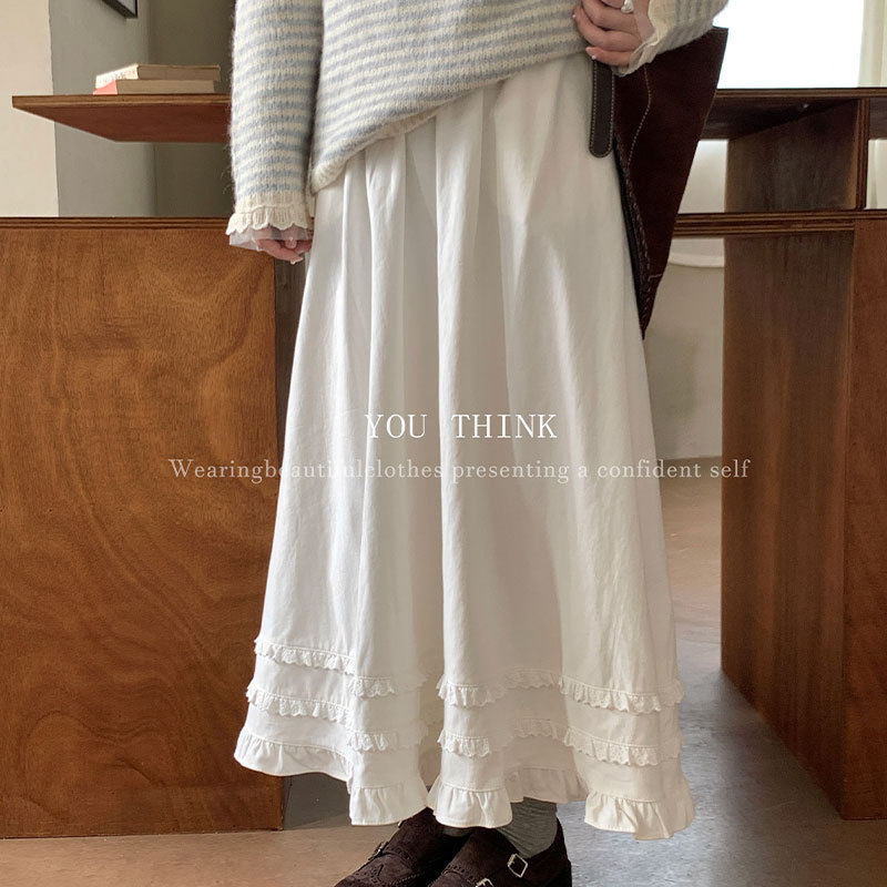 早春新款韩系松紧腰拼花边休闲中长款半裙女,女装/女士精品,半身裙,淘宝优惠券,粉丝福利购,淘宝优惠卷