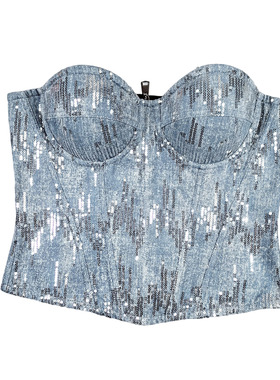 欧美牛仔吊带套装亚马逊闪电亮片刺绣鱼骨抹胸百褶半身裙