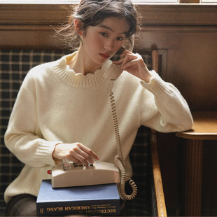 Nesoulum米白色花边针织毛衣女秋冬季复古套头慵懒风软糯内搭上衣