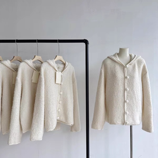 现 howus圈圈纱羊毛连帽开衫韩国设计师女装奶白色韩系毛衣外套