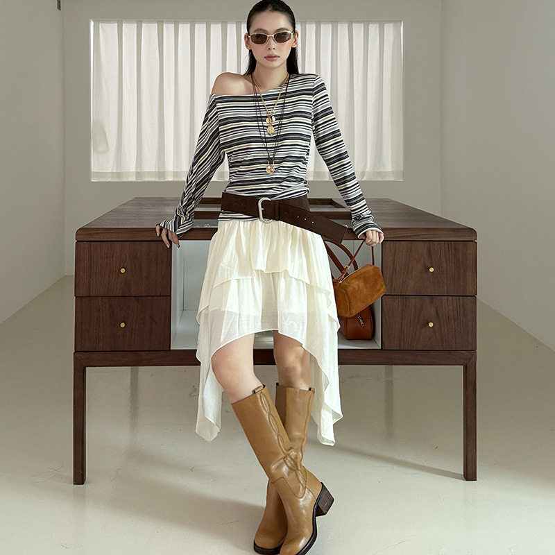 MMFISH时髦街头休闲纯色波嬉风双层裙摆宽松不规则半身裙