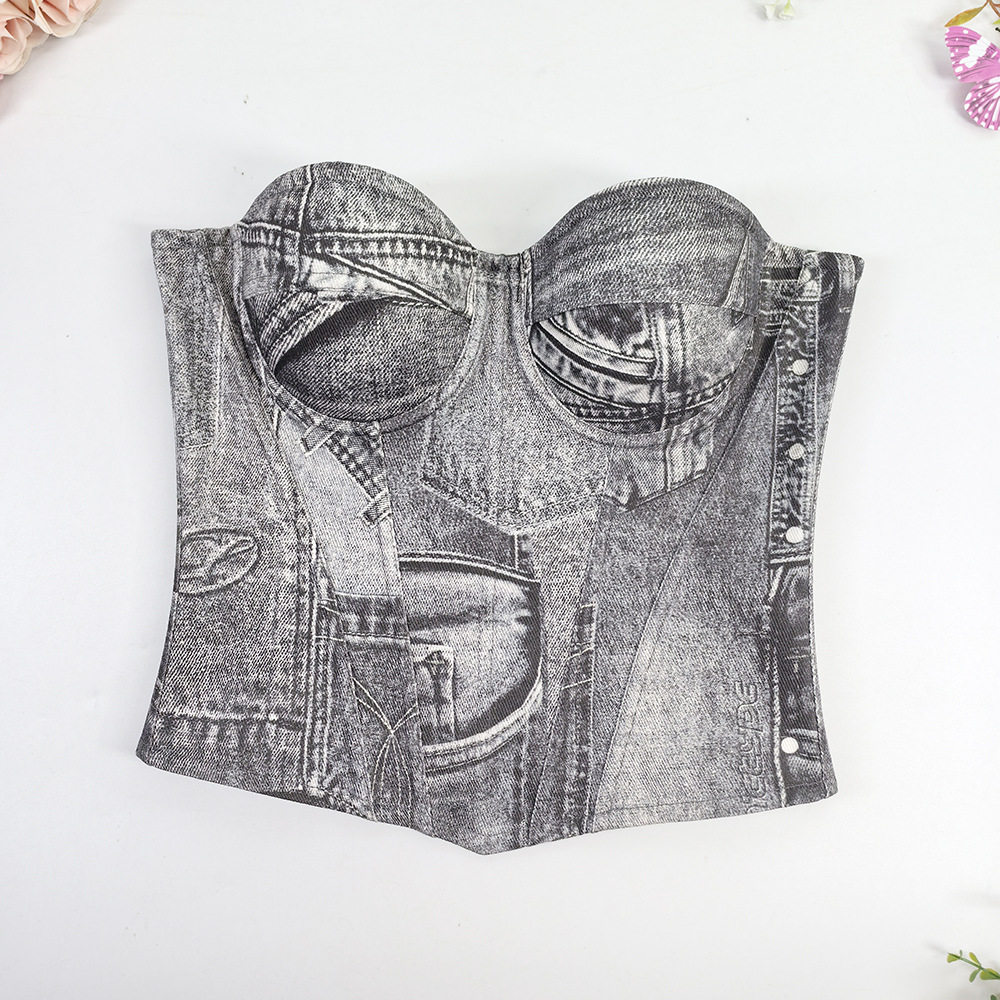 2025新款聚拢法式塑身鱼骨上衣收腹美体复古牛仔美背拉链背心抹胸