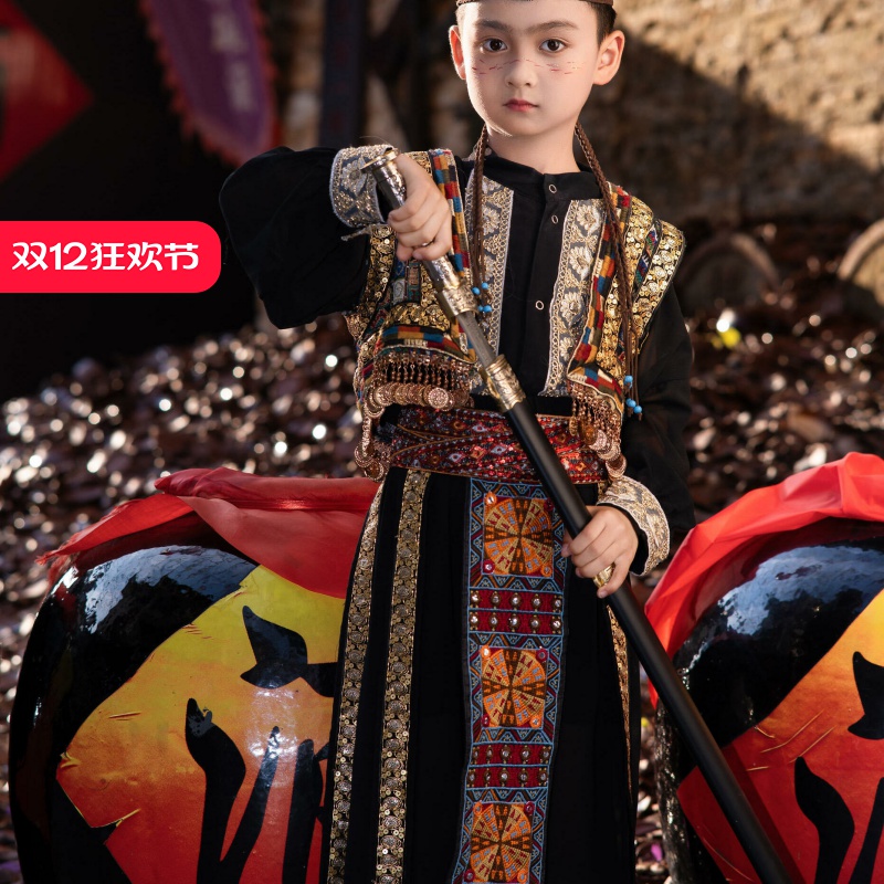 男童汉服新疆维吾尔族民族风黑色套装小男孩走秀演出写真旅拍服饰