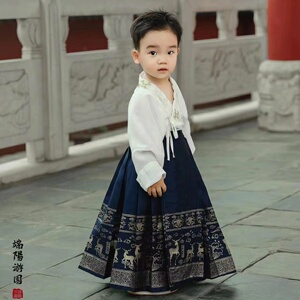 织金汉服男童马面裙明制新中式男宝中国风斜襟棉麻儿童表演服套装