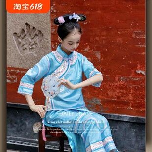 汉服女童原创宫廷格格表演服古装清朝旗装裤裙服饰清汉儿童舞台服