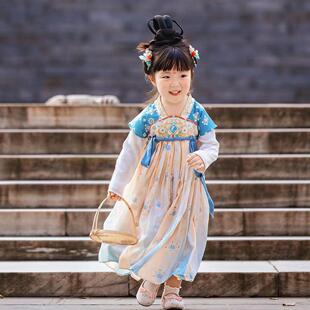 女童汉服国风齐胸襦裙连衣裙2025年儿童蓝色唐代古风裙半壁假两件