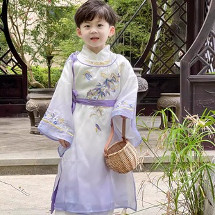 男童汉服2025新款唐制明制公子古风儒雅圆领袍渐变紫色刺绣圆领袍