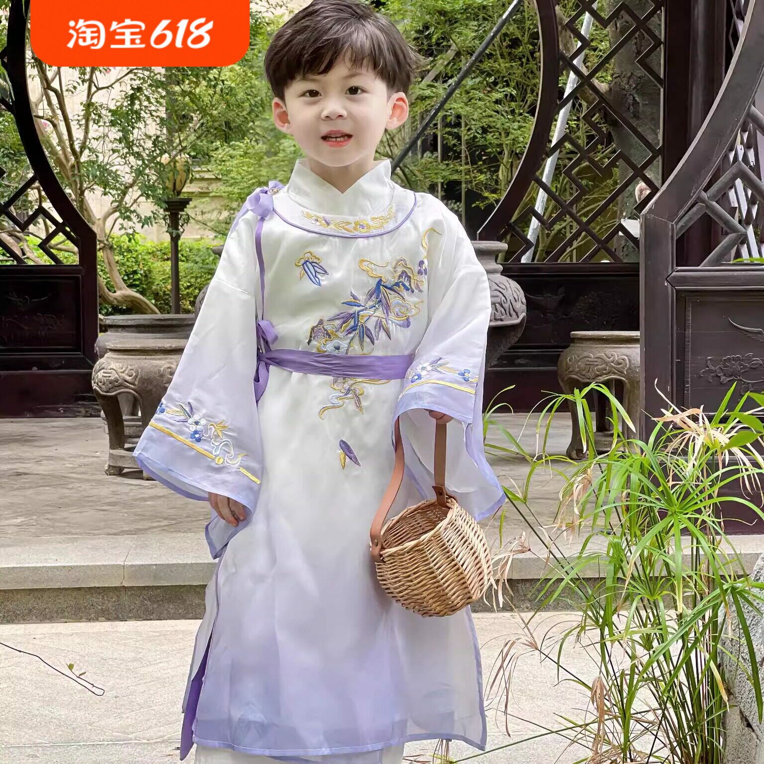 男童汉服2025新款唐制明制公子古风儒雅圆领袍渐变紫色刺绣圆领袍