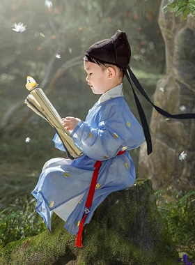 古装男童汉服唐制蓝色圆领袍儿童中国风少爷学童服装摄影旅拍烫金