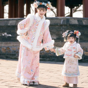 亲子汉服母女装加绒加厚格格服马甲旗袍两件套清汉宫廷风冬季保暖