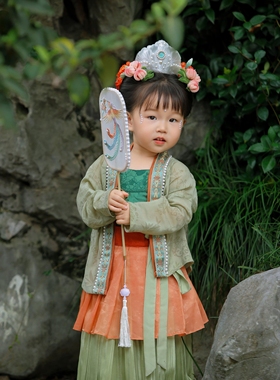 女童汉服绿色女宝宝儿童宋代高端复原风演出服摄影开衫演出服齐腰