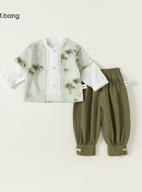 宥宝童装儿童汉服套装春秋季新中式清新竹子印花国风套装QT83099