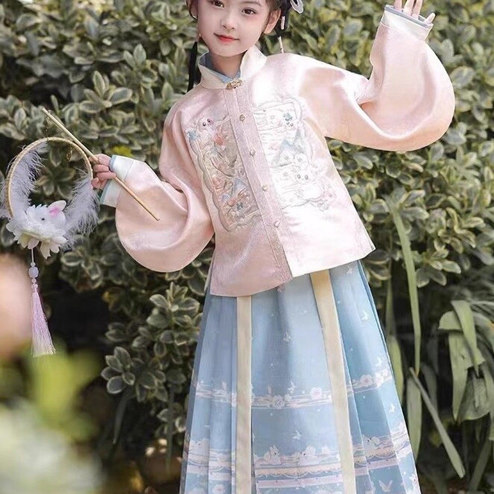 汉服女童春秋款加绒新款儿童古风唐装小女孩缎面粉色马面裙明代,童装/婴儿装/亲子装,汉服,淘宝优惠券,粉丝福利购,淘宝优惠卷
