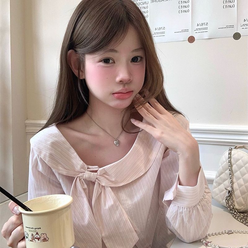 甜美蝴蝶结设计感长袖条纹衬衫女2025秋季新款不规则小众减龄上衣