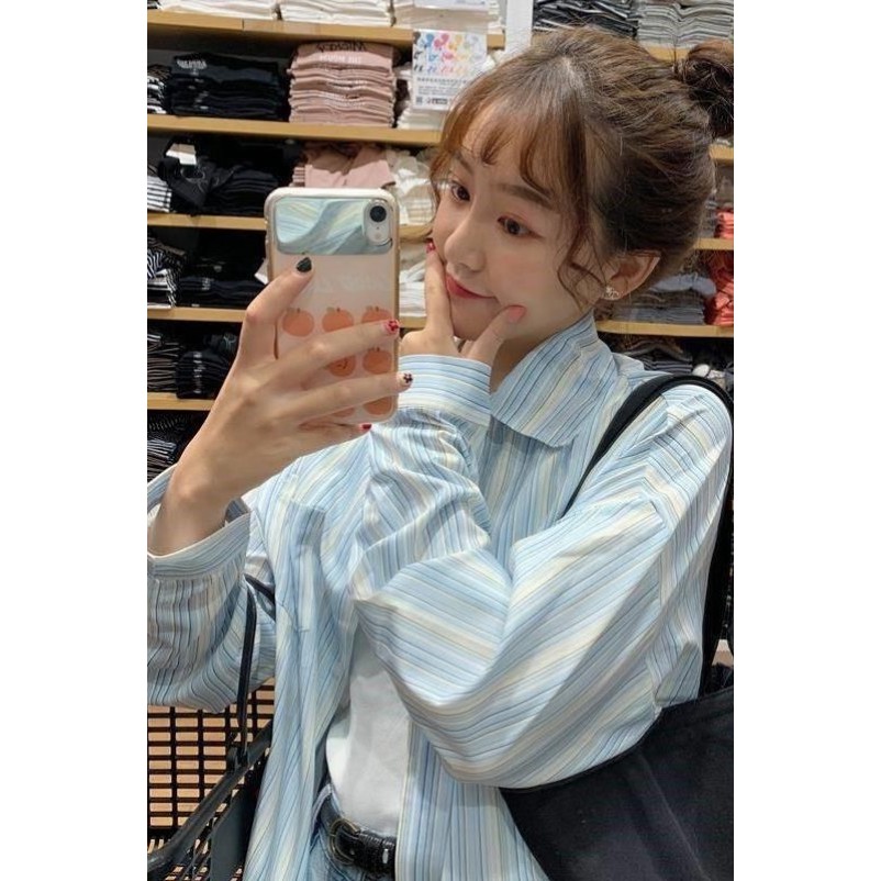 春秋季衬衣外套鬼马系少女韩版薄款蓝白条纹衬衫长袖宽松防晒上衣