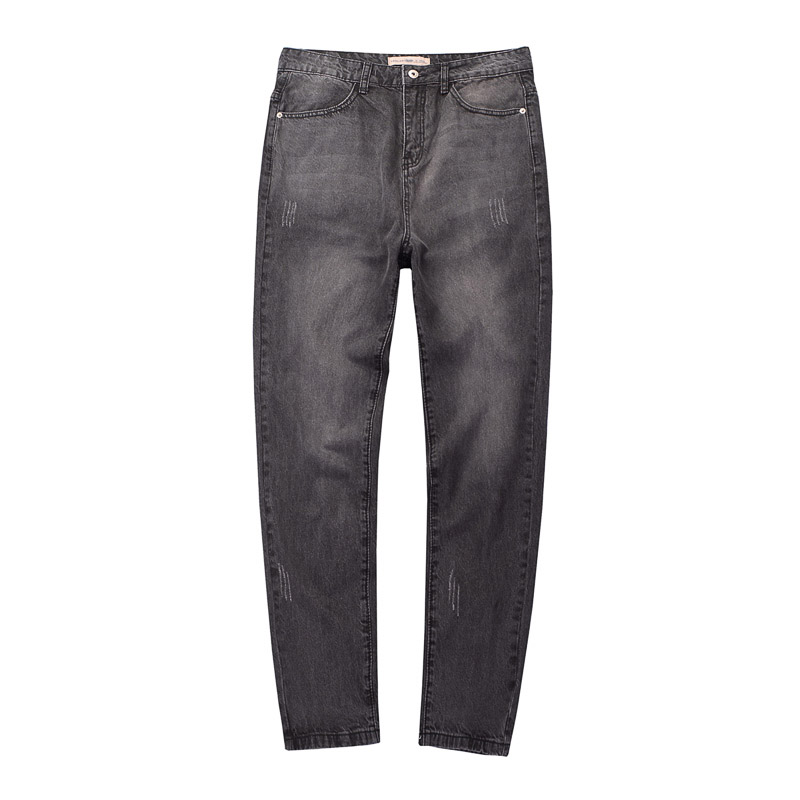 男款烟灰色磨白合体直筒牛仔裤