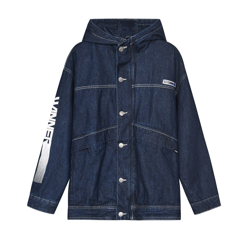 男士秋冬厚款连帽防风牛仔外套 男生宽松版潮流字母印花外套