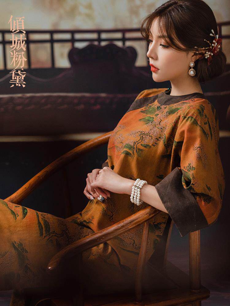 秋冬新款高档重磅香云纱平裁优雅旗袍长款短袖复古中国风女连衣裙