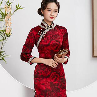 倾城粉黛暗色系旗袍夏季真丝旗袍裙女礼服日常连衣裙复古风香云纱