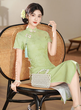 青绿色旗袍2026新款女夏新中式改良年轻款高考日常可穿洋装绝美