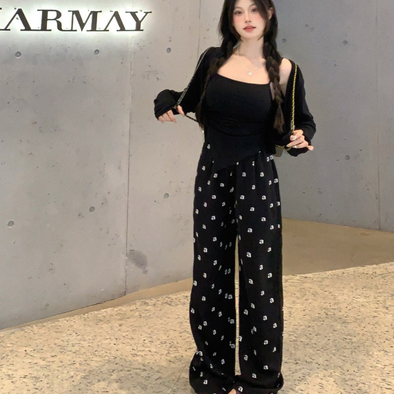 时尚套装女夏季新款不规则吊带背心短款开衫慵懒阔腿休闲裤三件套